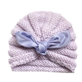 Detail of light purple knitted baby hat featuring a satin bow and thick textured knit fabric - Purple