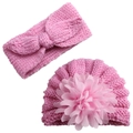Pink baby knit hat with mesh flower and matching bow headband two-piece winter set - Pink