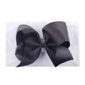 Detail of baby headband featuring a large black grosgrain bow on a white elastic nylon band - Black