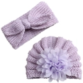 Lavender baby knit hat and headband set with chiffon flower and bow decorations - Purple