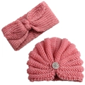 Ensemble bonnet turban et bandeau tricotés rose pour bébé avec détail strass - Taille unique / Rose Poudré