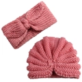 Dettaglio della trama a maglia del set berretto turban e fascia rosa neonata - Taglia unica / Rosa Antico