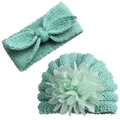 Two-piece baby knit set with mint green rabbit ear headband and floral beanie hat - Mint Green