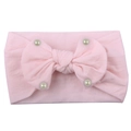 Detailed close-up of soft pink nylon baby headband with faux pearls and bow - Light Pink