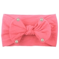 Detail of soft nylon baby headband with pink bow and pearl accents for infants - Dark Mauve