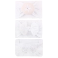 Detailed set of three white elastic baby headbands with flowers and bow designs - White