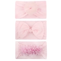 Three-piece baby headband set in light pink featuring donut knots and chiffon flowers - Light Pink