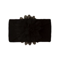 Detailed view of a wide black elastic nylon headband with a large chiffon flower - Black