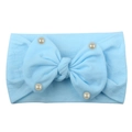 Detail of soft sky blue nylon baby headband with a large bow and elegant faux pearls - Blue