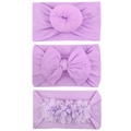 Lot de trois bandeaux violets pour bébé avec nœud donut, grand nœud et fleurs en mousseline - Violet