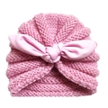 Pink chunky knit baby turban hat with oversized soft bow accent for infants - Pink