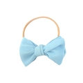 Detail of baby headband featuring light blue waffle fabric bow and elastic nylon band - One Size / Blue