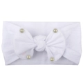 Soft white elastic nylon baby headband with large double bow and decorative faux pearls - White
