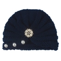 Detailed knit texture of navy blue baby turban hat with elegant faux pearl floral ornament - One Size / Navy Blue