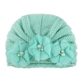 Detail of light green baby knitted hat featuring chiffon flowers with pearls and rhinestones - One Size / Mint Green