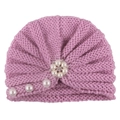 Pink knit baby turban hat with decorative pearl flower and soft textured finish - One Size / Pink