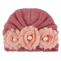 Dusty pink knitted baby beanie hat with decorative fabric flowers and pearl accents - One Size / Dusky Pink