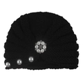 Detailed knit texture of black baby turban hat with elegant pearl and rhinestone accents - One Size / Black