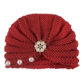 Detailed knit texture of red infant turban hat with pearl and rhinestone flower - One Size / Red