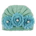 Infant knit turban hat in mint green with light blue floral accents and pearl detail - One Size / Mint Green