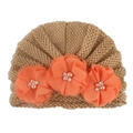 Camel knit baby turban hat featuring three large orange chiffon flowers with pearls - One Size / Coffee
