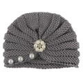 Knitted dark grey turban hat for infants with pearl accents and rhinestone flower decor - One Size / Gray