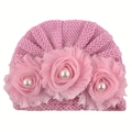 Pink knit baby beanie featuring three handmade chiffon roses with central pearl accents - One Size / Pink