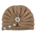 Close-up of khaki knitted baby turban hat with pearls, rhinestones and floral detail - One Size / Coffee