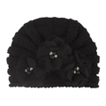Dettaglio cappello bimbo in maglia con tre fiori neri in tessuto e perline - Taglia unica / Nero