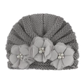 Gray knitted baby beanie featuring three chiffon flowers with pearls and rhinestones - One Size / Gray