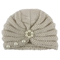 Detail of baby turban hat with pearls and rhinestone flower decoration on knit fabric - One Size / Beige