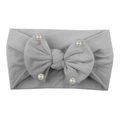 Soft grey nylon baby headband with a large bow and decorative white pearls on corners - Gray