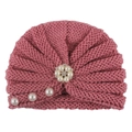 Detail view of pink knit baby turban hat featuring faux pearl and rhinestone floral accent - One Size / Dusky Pink