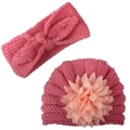 Pink knit baby hat with mesh flower and matching bow headband set for infants - Dusky Pink