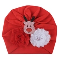 Red Christmas baby hat with glitter reindeer and chiffon roses in a soft knitted style - Red Reindeer Flower Style (D Style)