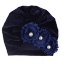 Detail of baby velvet turban with navy blue fabric roses and white faux pearl accents - One Size / Navy Blue