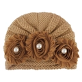 Close-up of khaki knit baby turban hat with three 3D flowers and pearl beads center - One Size / Coffee