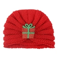 Red knit baby Christmas hat featuring a sparkly sequin gift box decor on white background - Gift Box (Style A)
