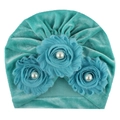 Turbante de terciopelo azul cielo para bebé con flores de malla y detalles de perlas - Verde Menta