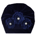 Detail of dark blue velvet baby turban hat with decorative fabric roses and white pearls - Navy Blue