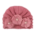 Pink knit baby beanie with ribbed texture and three chiffon flower accents with pearls - One Size / Dusky Pink