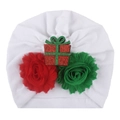 Detail of baby Christmas turban featuring red and green chiffon flowers with sequined gift box - White Sequin Gift Box Pleated Style (G Style)