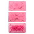 3-pack bright pink baby headbands featuring donuts, bows, and chiffon flowers - Rose Red