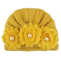 Infant yellow knitted turban hat with chiffon flowers and pearls for autumn and winter wear - One Size / Yellow