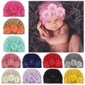 Winter infant knit turban hat with 3D fabric flowers and pearls in multiple colors - One Size / 12 Colors Mixed