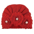 Red knitted baby beanie hat with three handmade chiffon roses and white faux pearls - One Size / Red