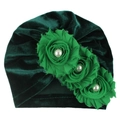 Detail of dark green velvet baby turban hat with light green fabric rose and pearl - One Size / Dark Green