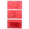 Set of 3 nylon baby headbands featuring donut knot, large bow and floral designs in red - Red