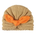 Beige knitted baby beanie with vibrant orange rabbit ear bow decoration - Coffee