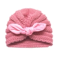 Cute knitted baby beanie with bunny ears and pink bow detail for winter warmth - Dusky Pink